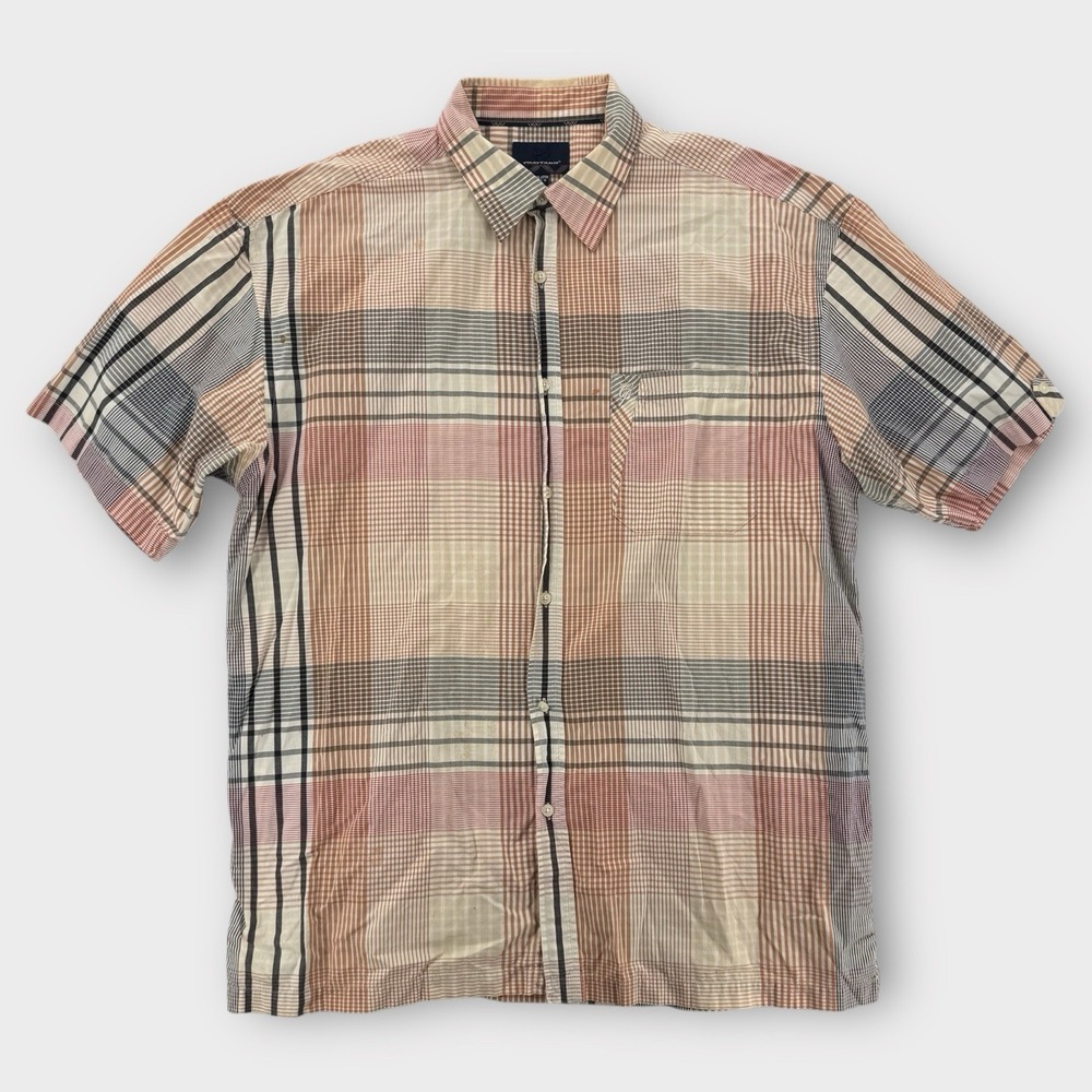 Phat Farm Shirt Mens 2XL Button Down Classic Fit Plaid SS Beige‎ Brown Retro